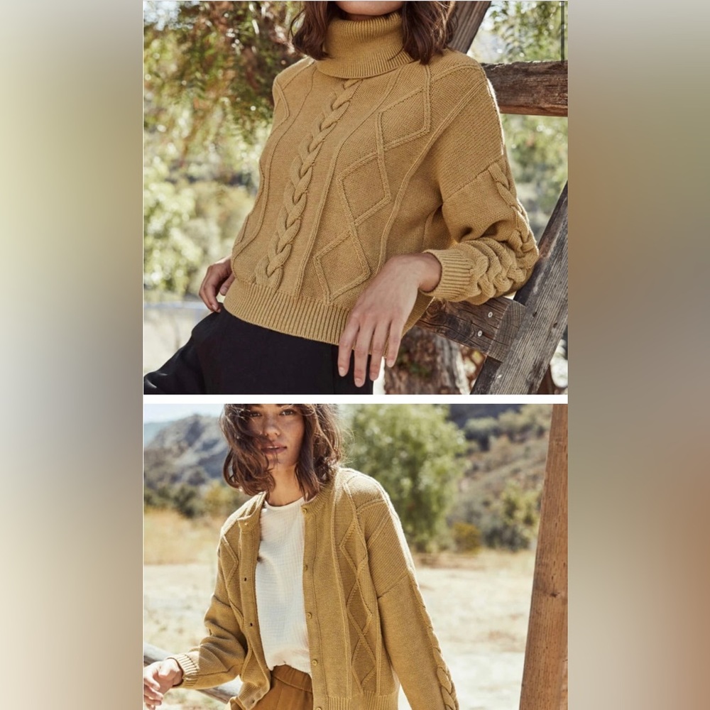 Vetta Cropped Knit Convertible Mock Neck Cable Sweater Ochre